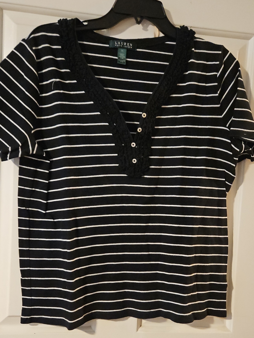Lauren Ralph Lauren Black and White Striped V-Neck Short Sleeve Top 1X